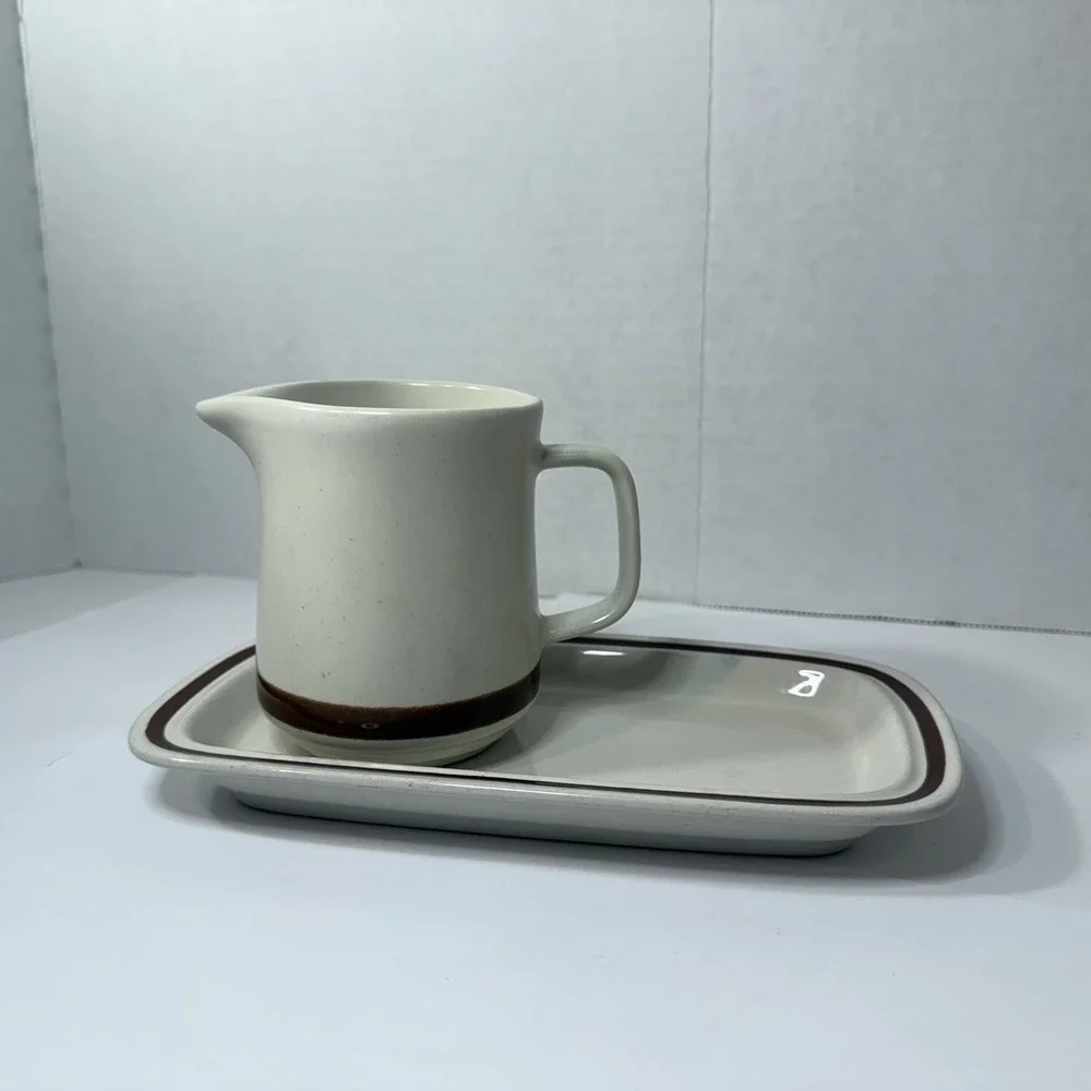 Sand Script Stoneware Butter Dish Base‎ & Creamer Brown Trim Japan Replacement